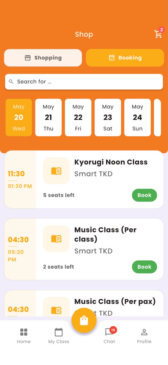 Class+ booking screen
